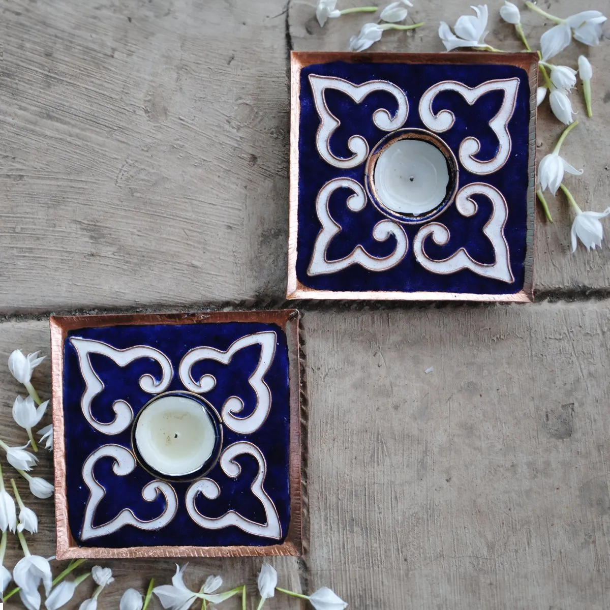 Blue Handmade Copper Tealight Holder - Set of 2