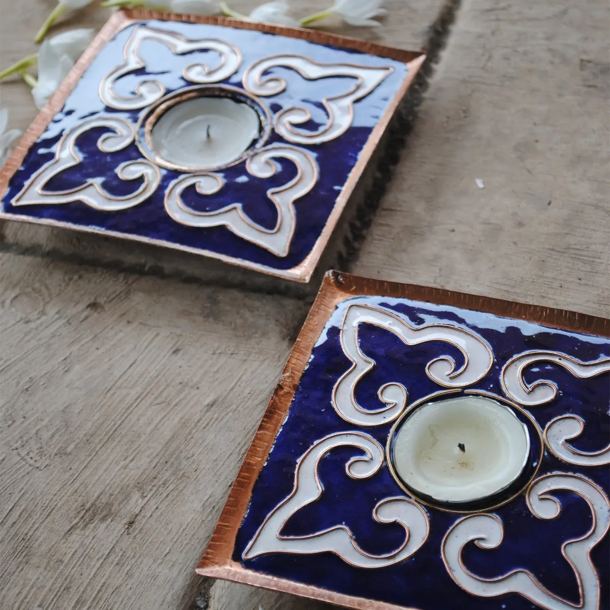 Blue Handmade Copper Tealight Holder - Set of 2