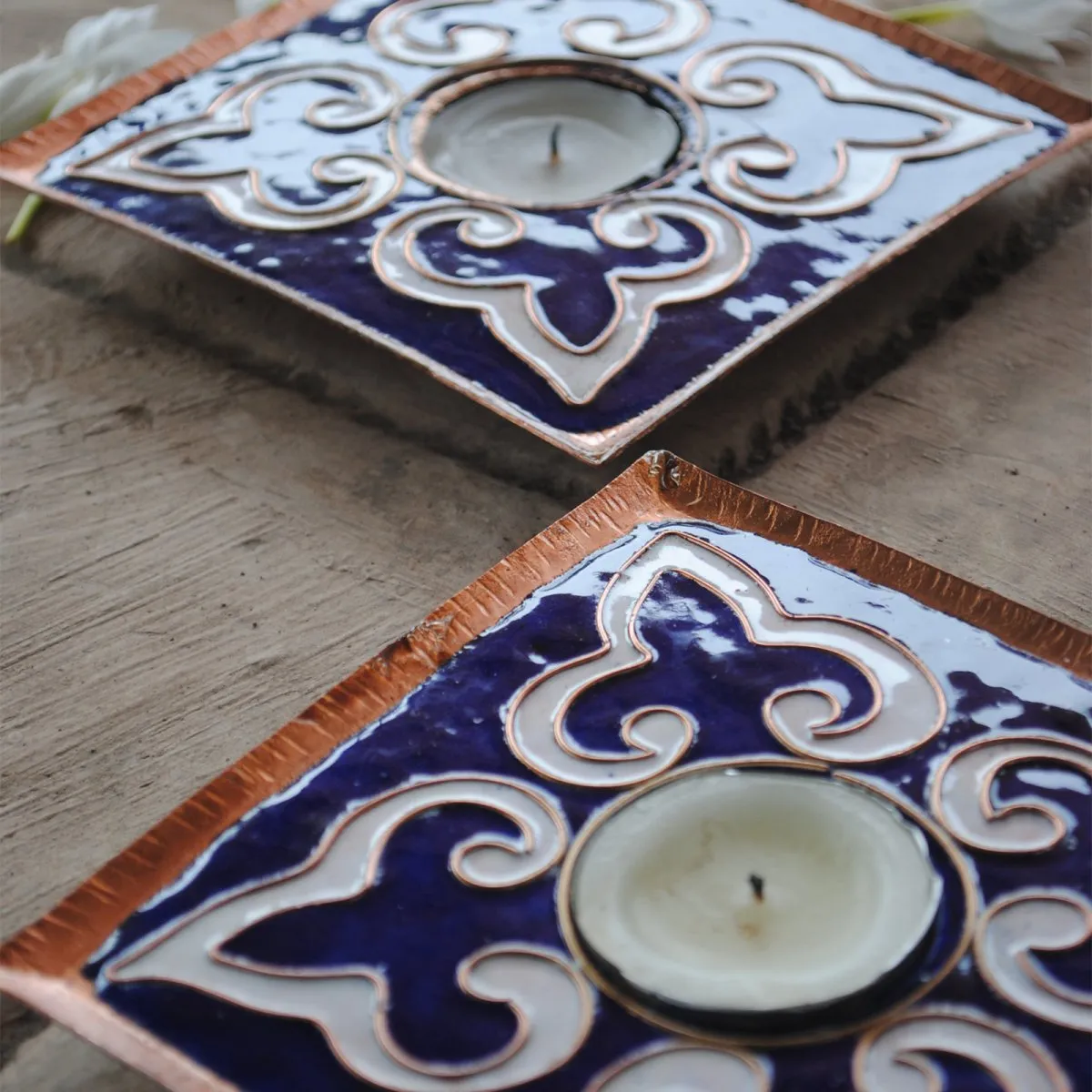 Blue Handmade Copper Tealight Holder - Set of 2