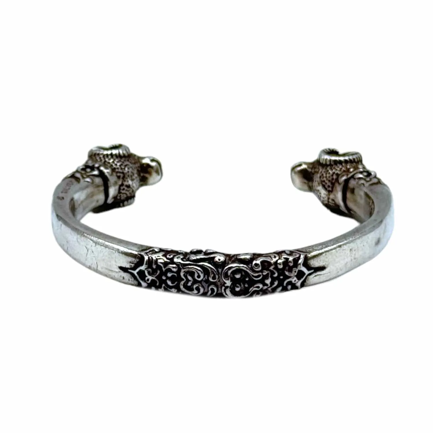 BRACELET Silver Ornate Design with Ram's Head Caps