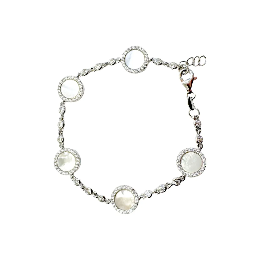 Bracelet with 5 Mother of Pearl Discs with CZ Besel - Gold or Silver