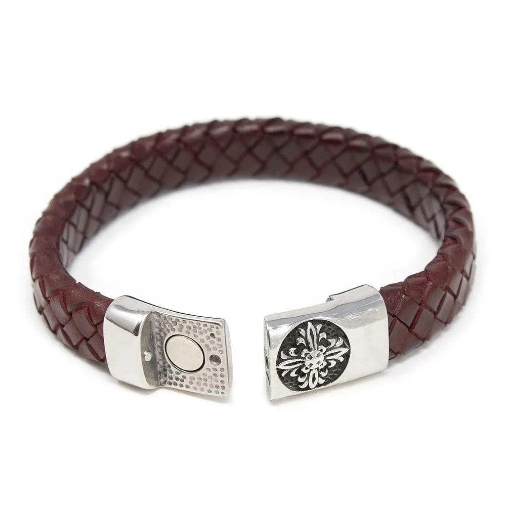 Braided Leather Bracelet with Flower Clasp Burgundy Medium