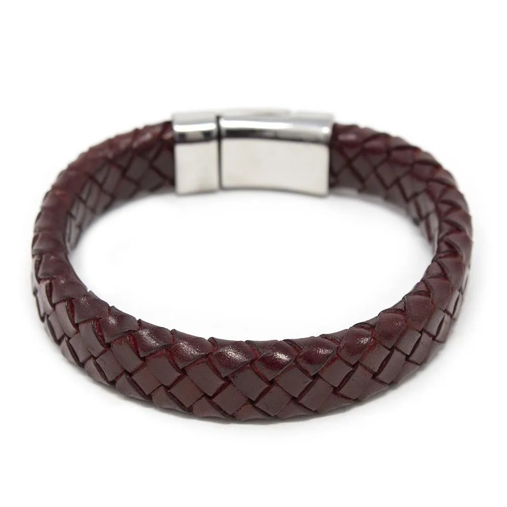 Braided Leather Bracelet with Flower Clasp Burgundy Medium