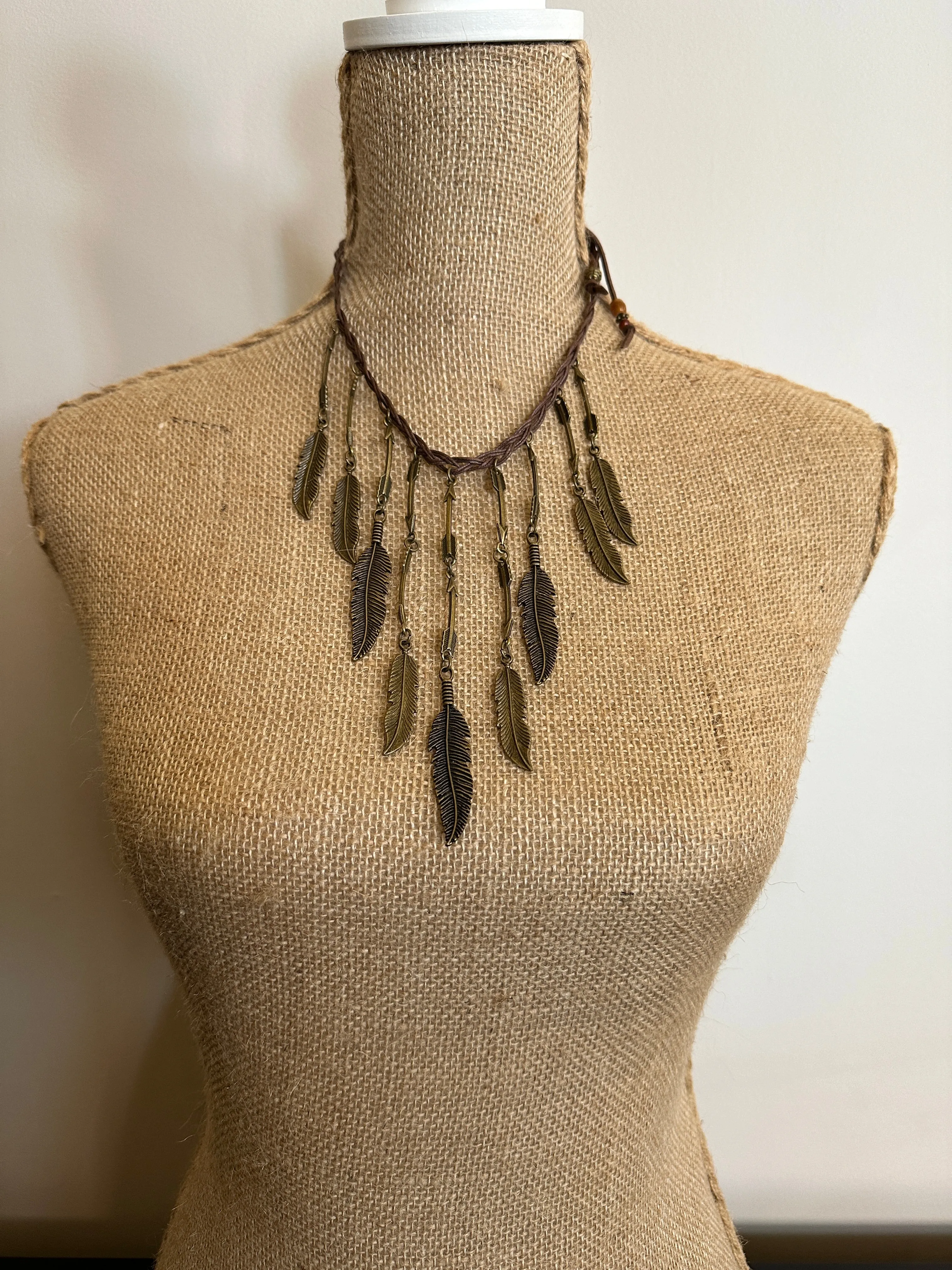 Braided Leather Necklace with Pewter Feathers- Amy Kaplan for Bourbon Cowgirl