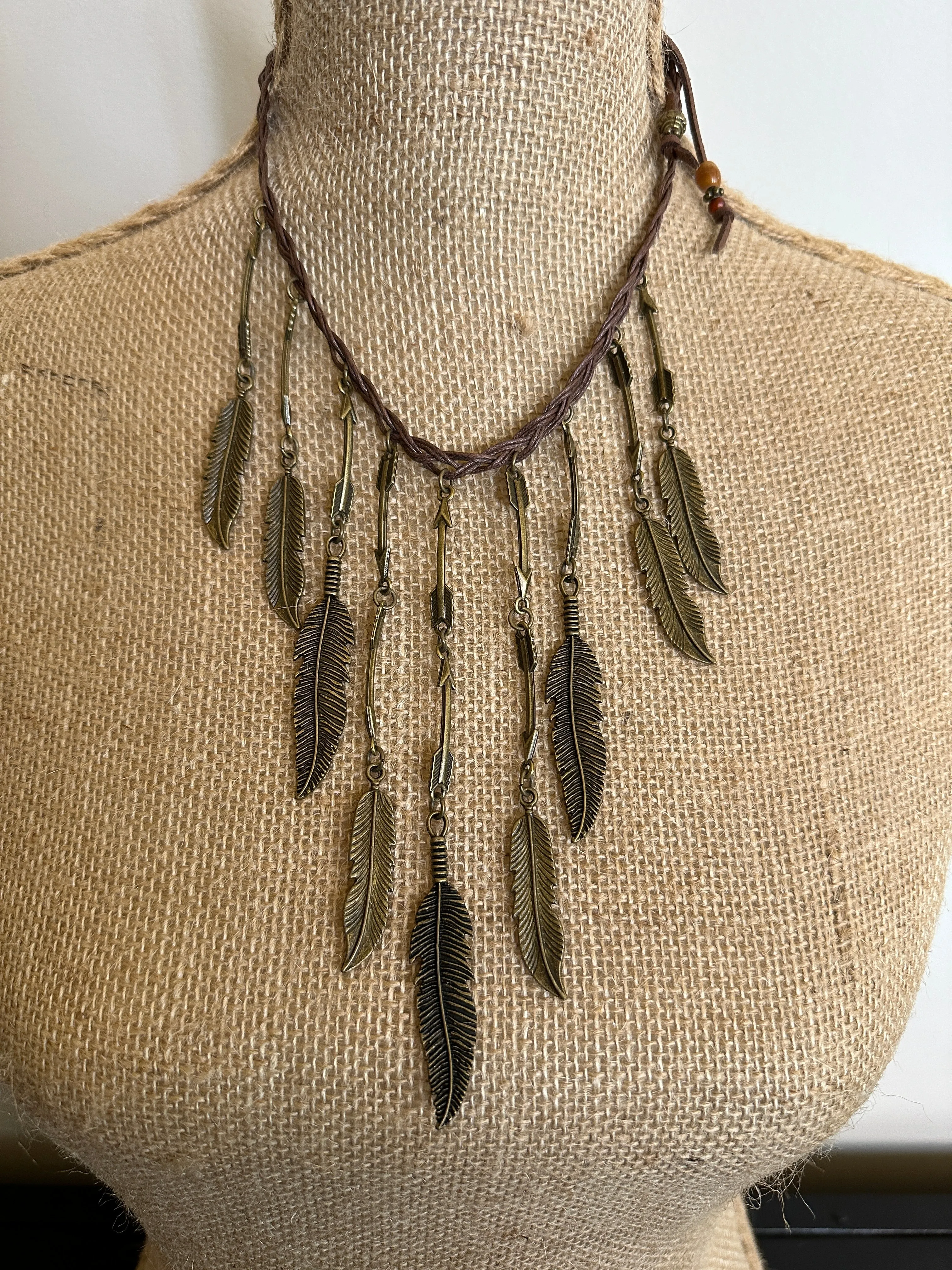 Braided Leather Necklace with Pewter Feathers- Amy Kaplan for Bourbon Cowgirl