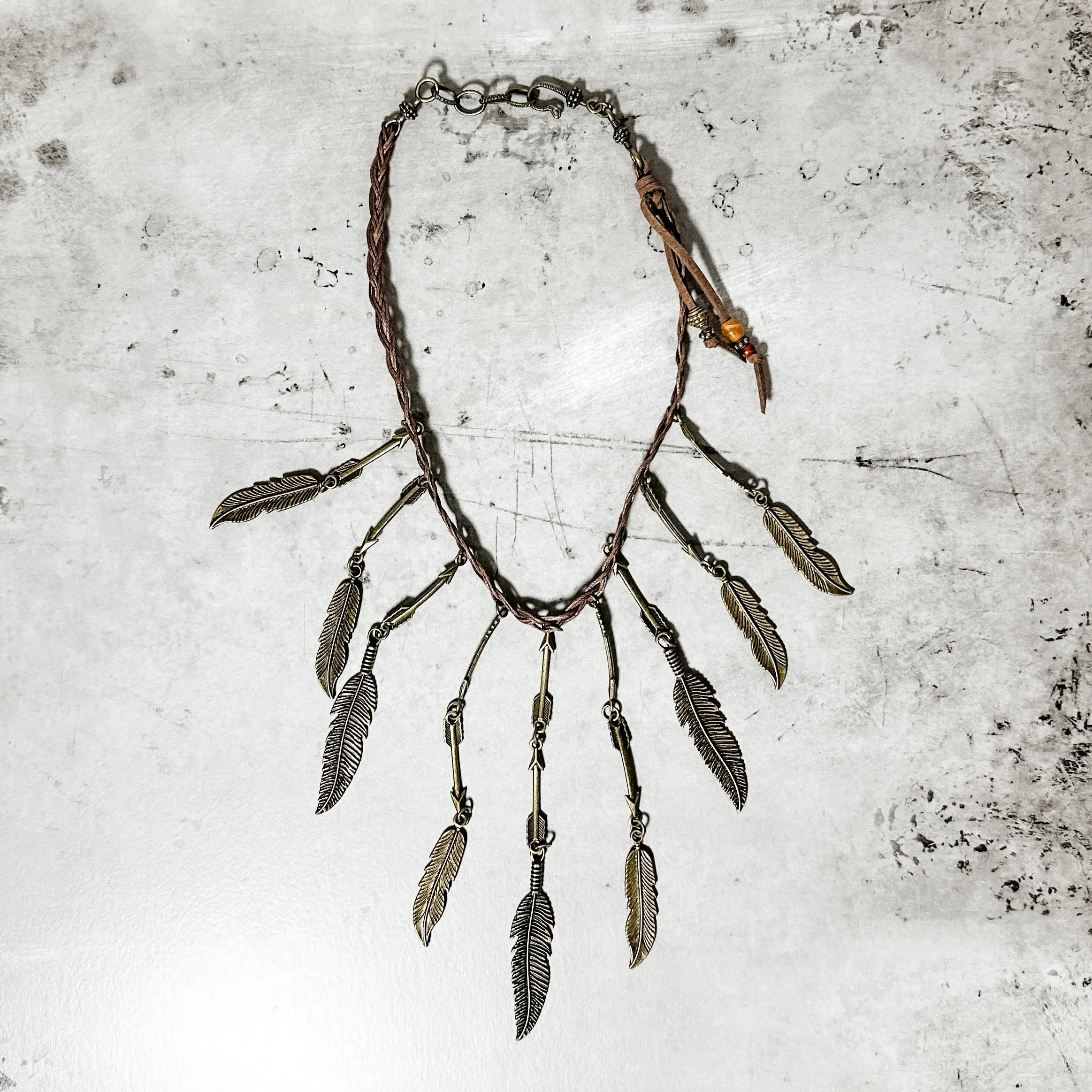 Braided Leather Necklace with Pewter Feathers- Amy Kaplan for Bourbon Cowgirl