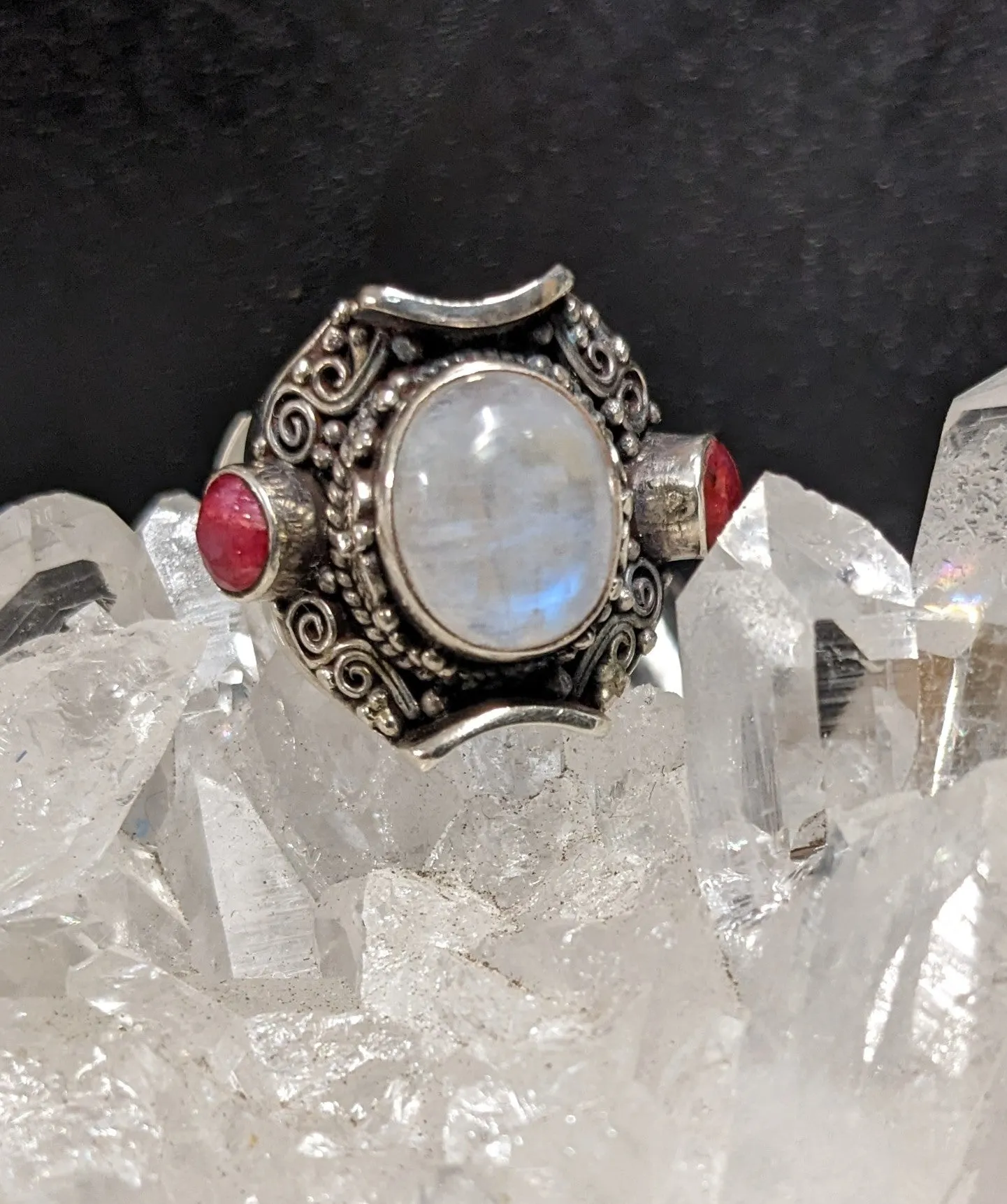 Captivating Moonstone and Ruby Ring