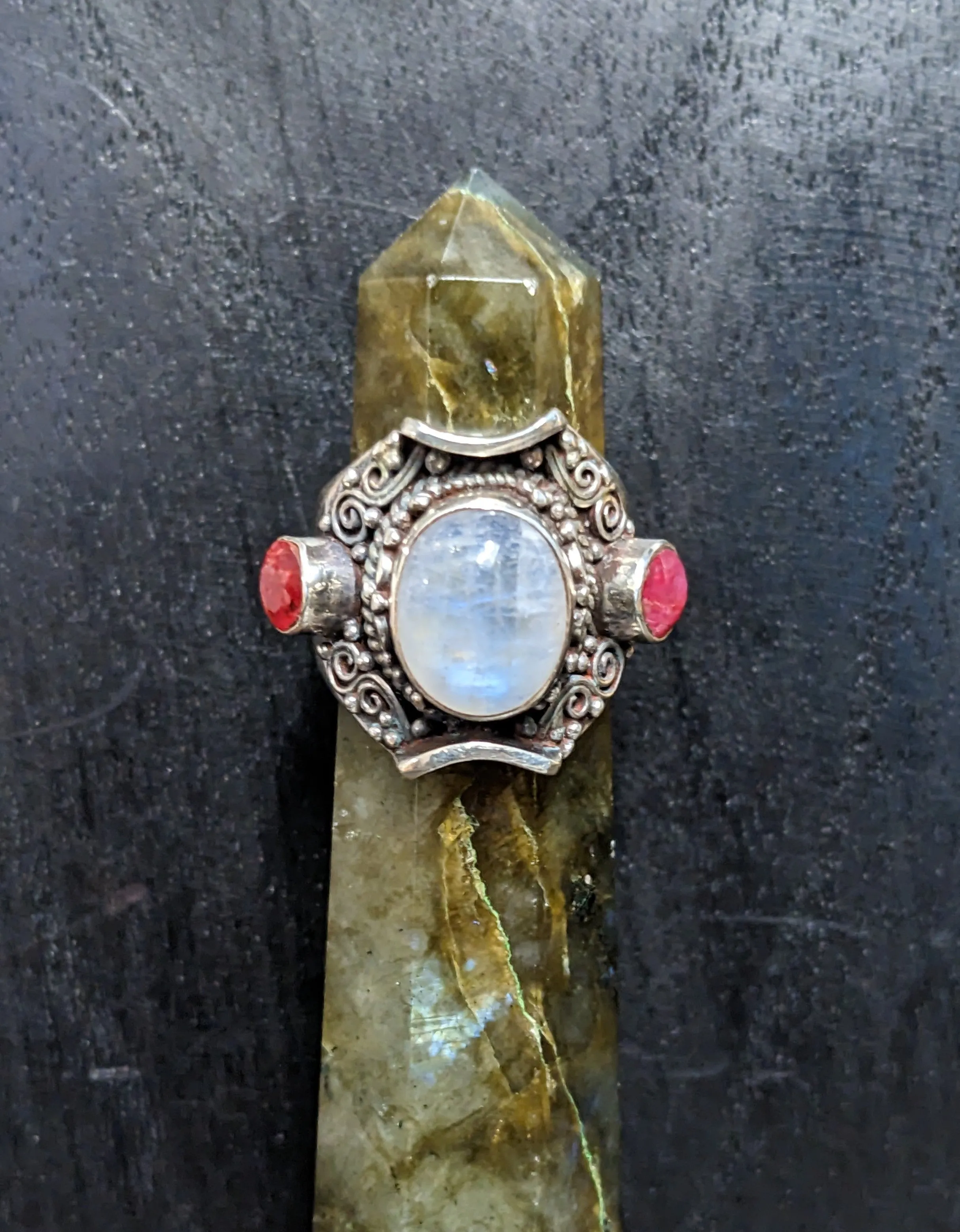 Captivating Moonstone and Ruby Ring