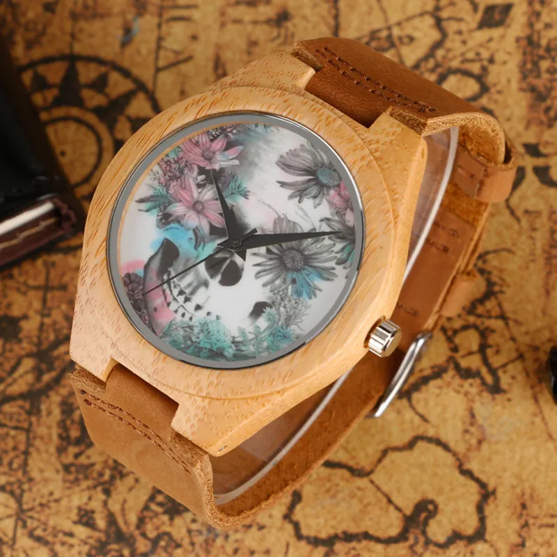 Floral Skull Dial Display Wooden Analog Watch