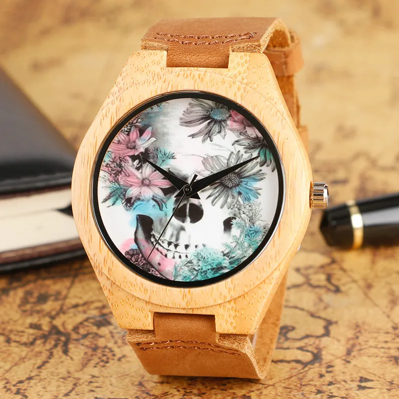 Floral Skull Dial Display Wooden Analog Watch