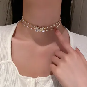 FYUAN Korean Style Small Bowknot Crystal Choker Necklaces for Women Pearl Chain Rhinestone Necklaces Weddings Jewelry