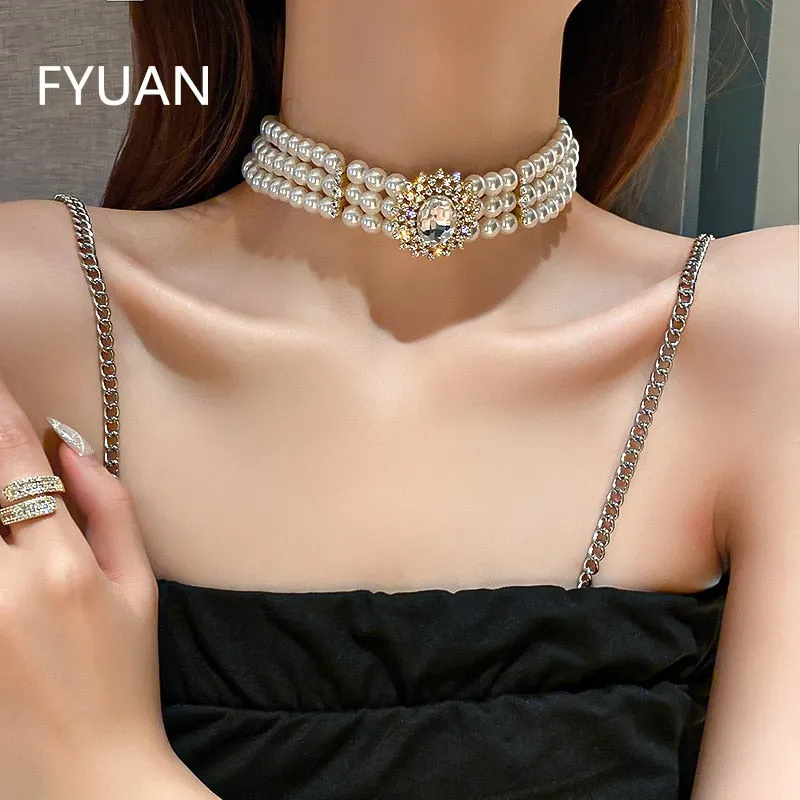 FYUAN Vintage Palace Multilayer Pearl Choker Necklaces for Women Oval Geometric Crystal Necklaces Weddings Bride Jewelry