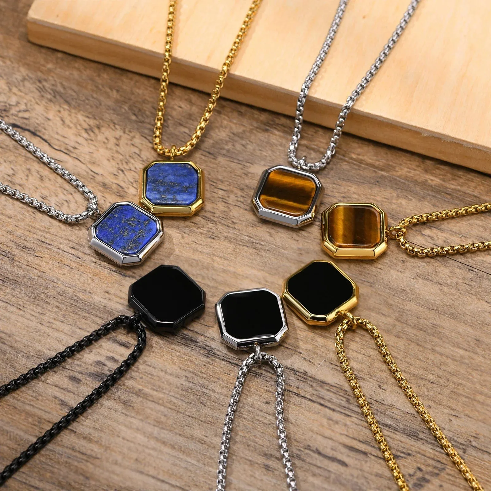 Geometric Square Necklaces For Men Natural Stone Solid Stainless Steel Polygon Pendant Necklace