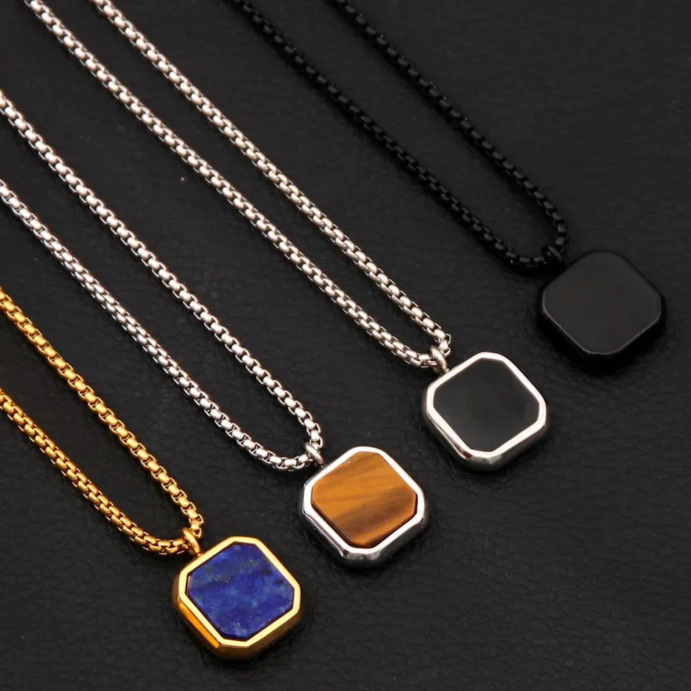 Geometric Square Necklaces For Men Natural Stone Solid Stainless Steel Polygon Pendant Necklace