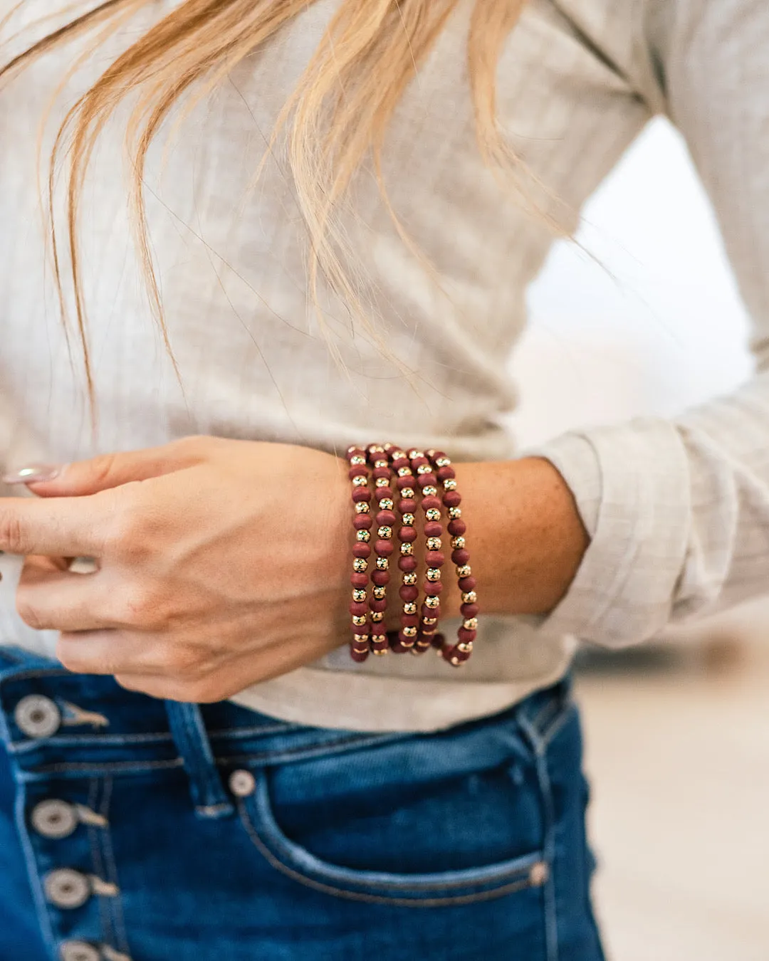 Gold and Wine Wooden Beaded Bracelets FINAL SALE