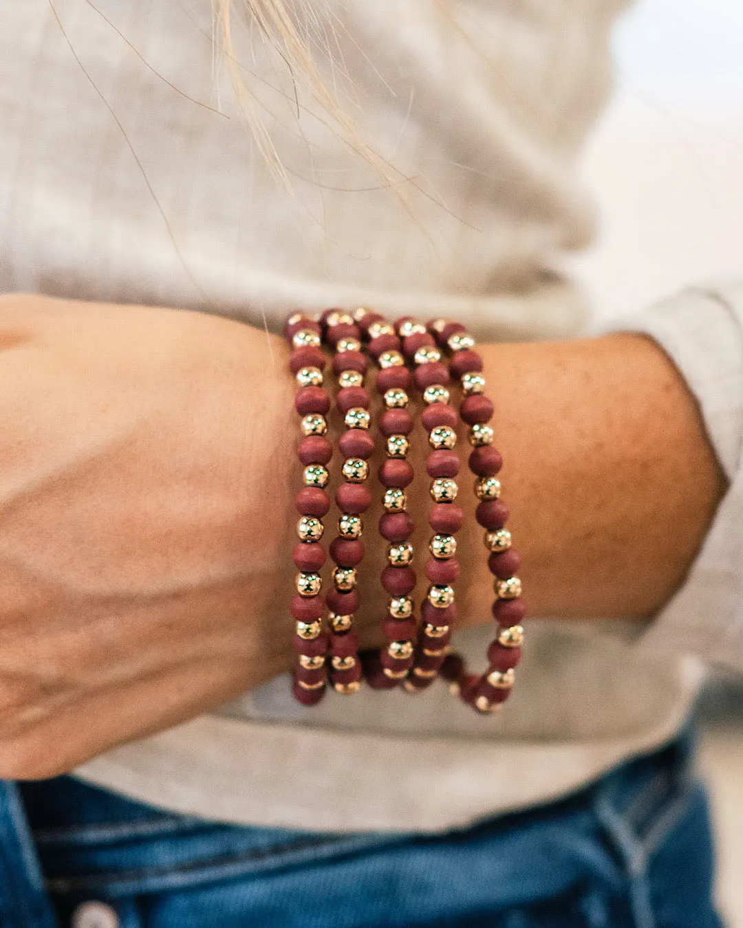 Gold and Wine Wooden Beaded Bracelets FINAL SALE