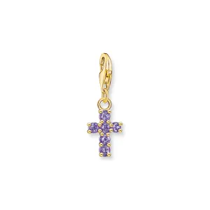 Gold Cross Charm Pendant with amethyst-coloured stones