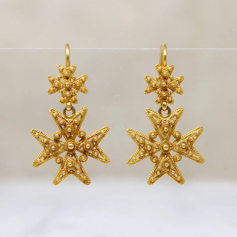 Gorgeous 18ct Cannetille Maltese Cross Earrings