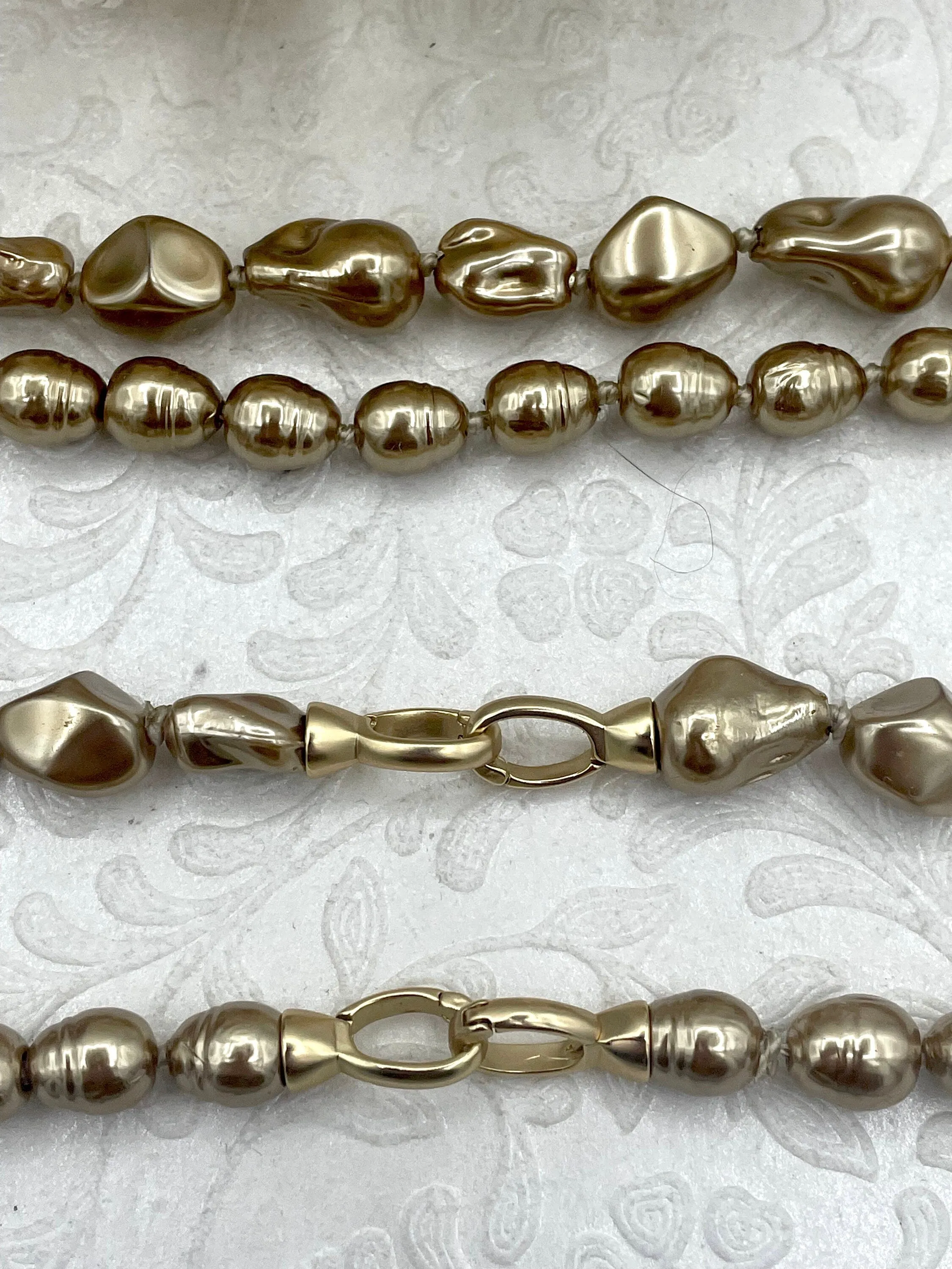 Hand Knotted Vintage Porcelain Bronze Glass Pearl Replica Freshwater,Baroque Shape or Potato Shape, 2 styles, Matte Gold Clasp,16" Fast Ship