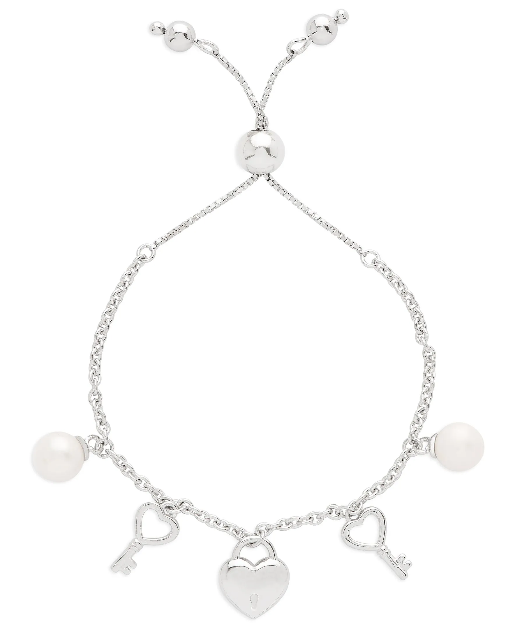 Heart Lock and Freshwater Pearls Bolo Bracelet in Sterling Silver