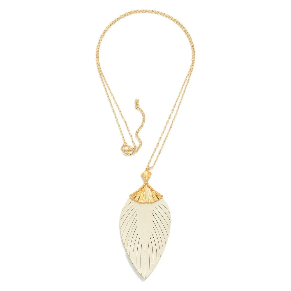 Influence Long Gold Tone Necklace With Feathered Leather Pendant