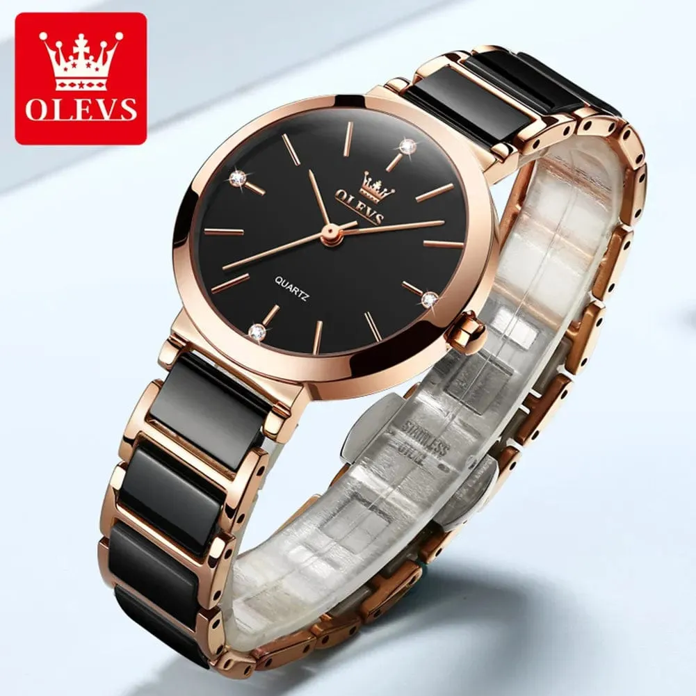 Luxury Rose Gold Elegance: Fashion Women's Quartz Wristwatch with Ceramic Bracelet Design