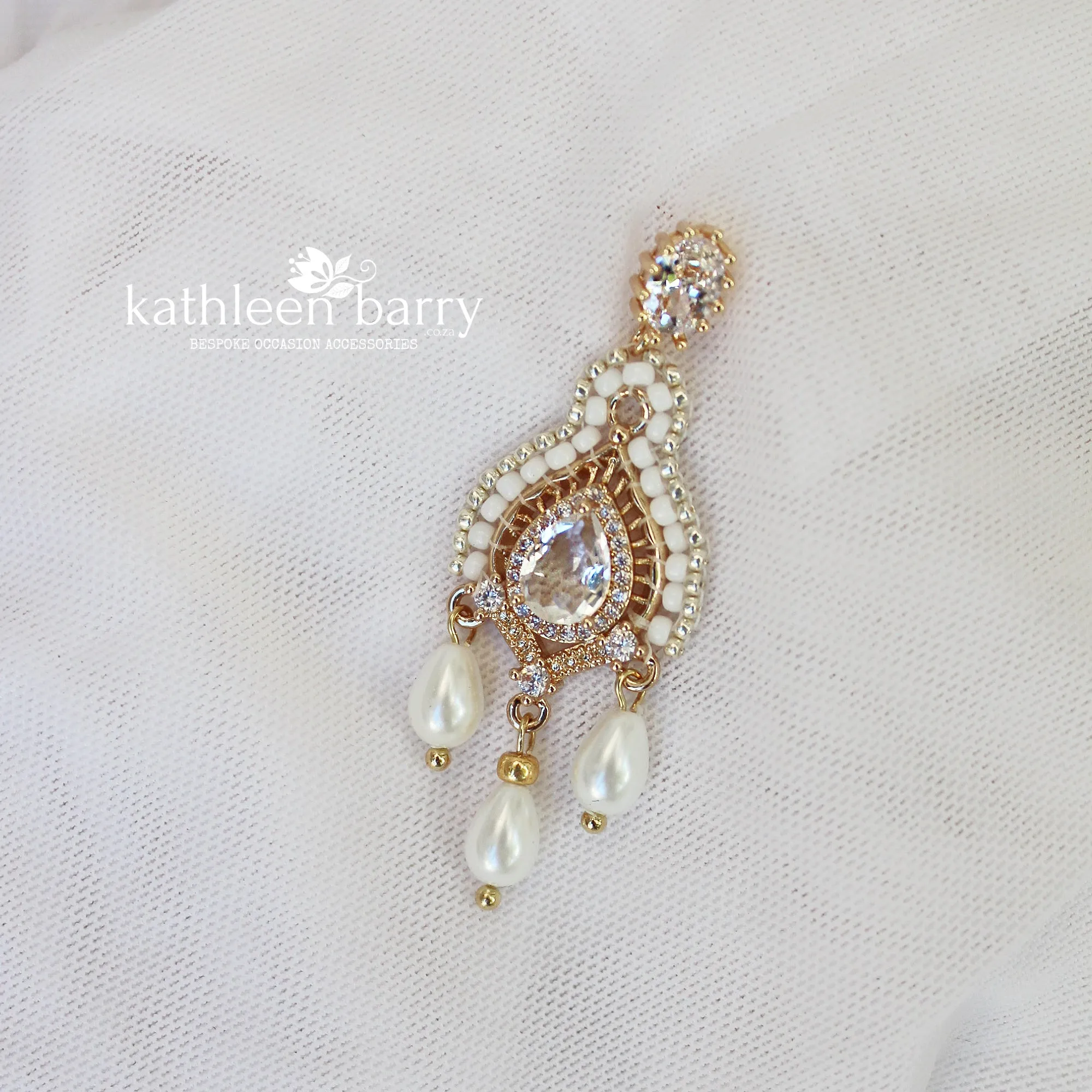 Michaela gold and white pearl drop chandelier earrings with cubic Zirconia - only available in gold finish