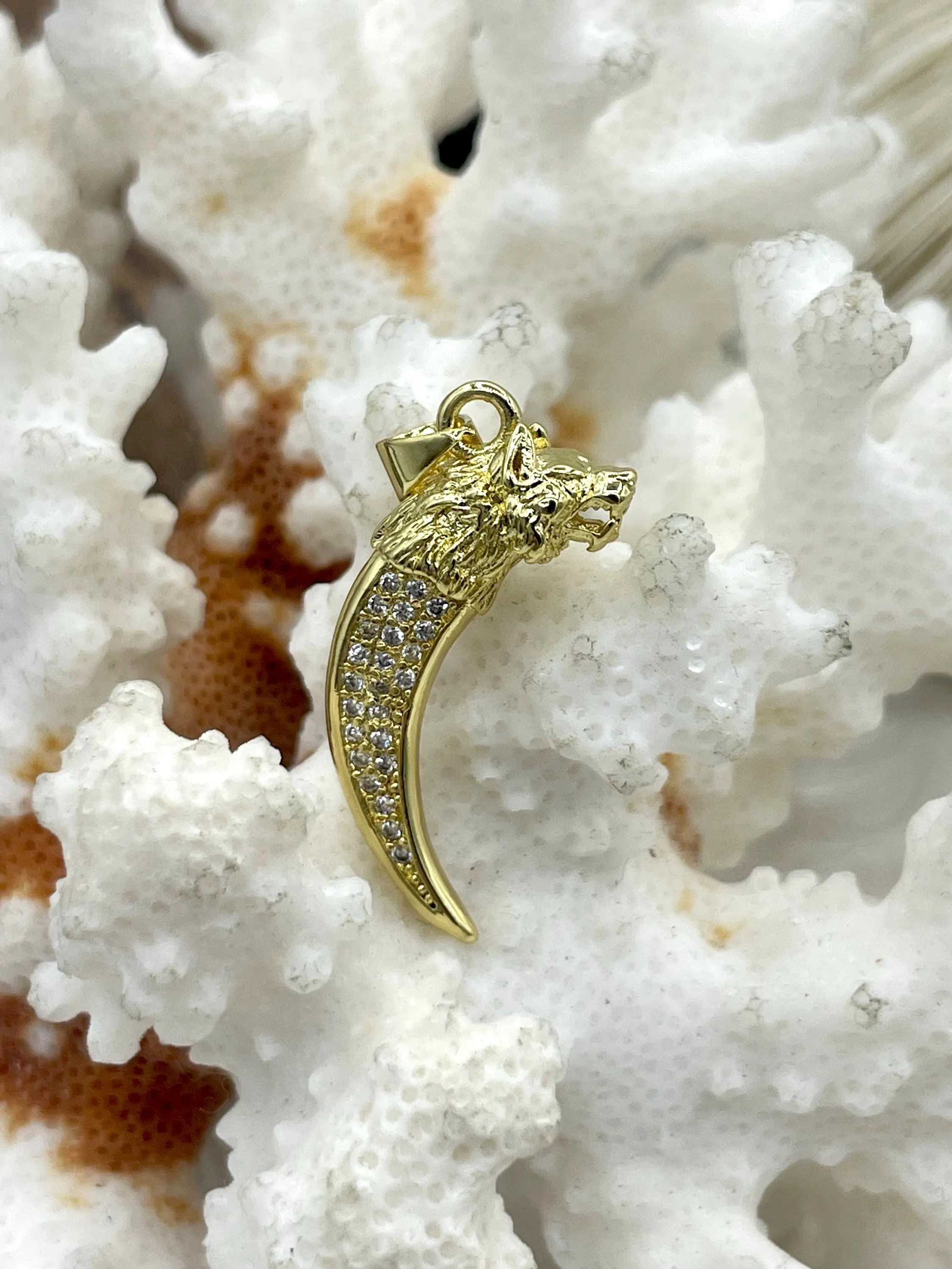 Micro Pave Gold CZ Horn Charm, Lucky CZ Pendants, 3 Styles, Micro Pave Charm, Pendant with Cubic Zirconia, Wolf, Fast Shipping