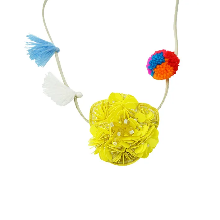 Noho Yellow Flower Kids Pom Pom Necklace