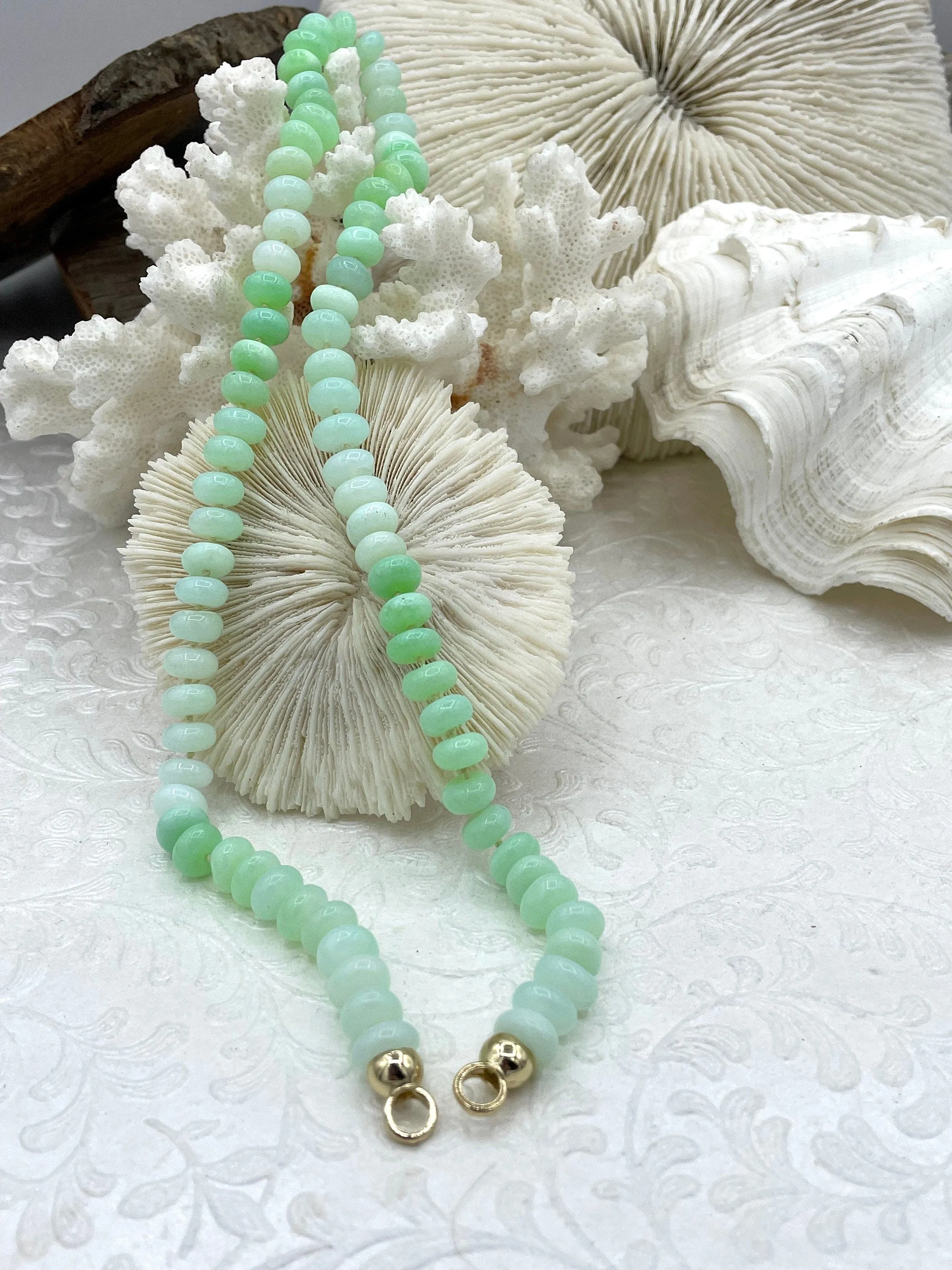 Peruvian Green Opal Hand Knotted Necklace, 17-18" Long, Rondelle Stones 8mmx5mm with Gold Finished Ends, Candy Necklace, Fast Ship