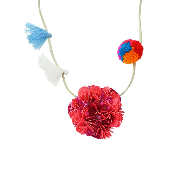 Pink Flower Embellished Kids Pom Pom Necklace