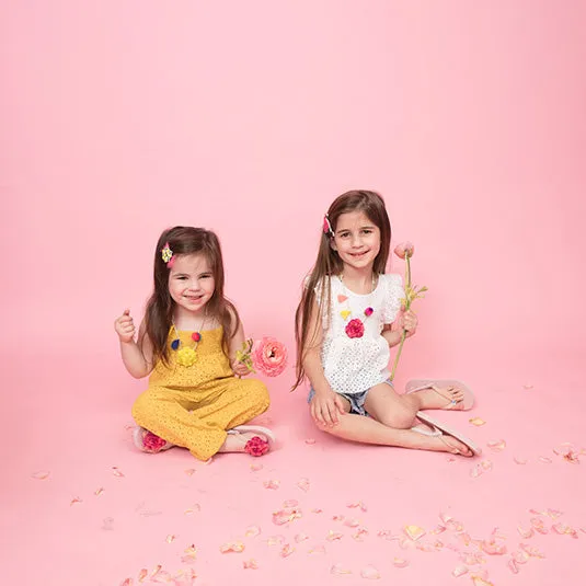 Pink Flower Embellished Kids Pom Pom Necklace