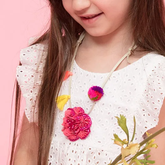 Pink Flower Embellished Kids Pom Pom Necklace