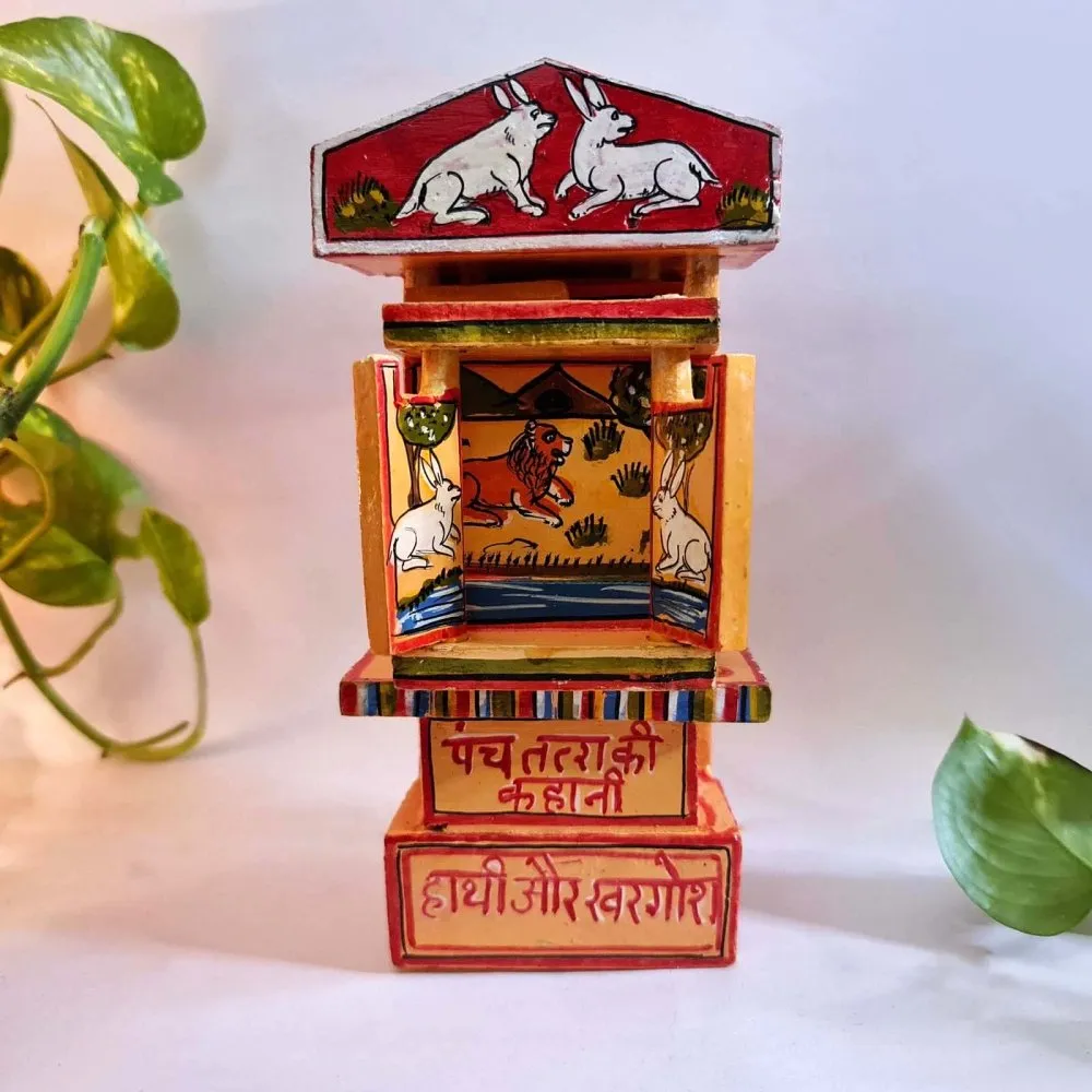 Red Handcrafted Wooden Box of Stories from Panchatantra  (M)