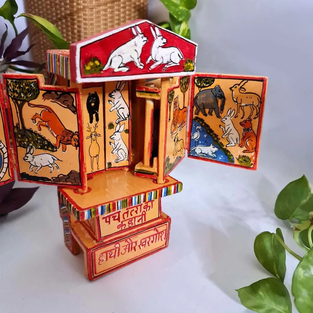 Red Handcrafted Wooden Box of Stories from Panchatantra  (M)