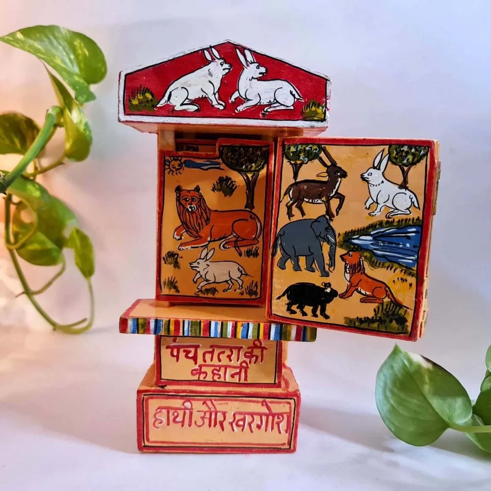 Red Handcrafted Wooden Box of Stories from Panchatantra  (M)