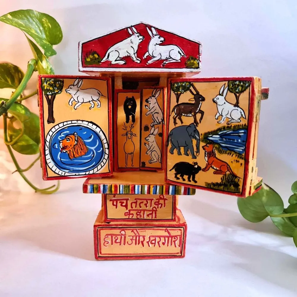 Red Handcrafted Wooden Box of Stories from Panchatantra  (M)