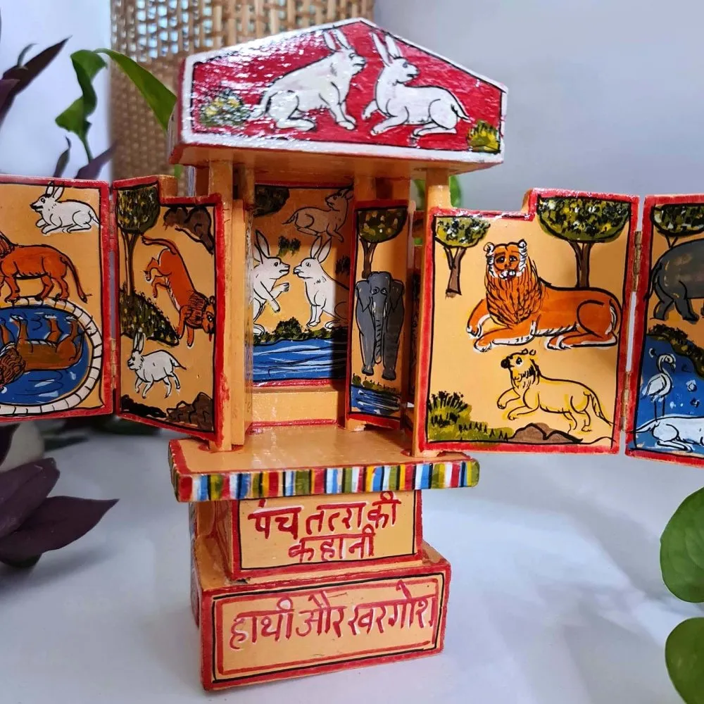 Red Handcrafted Wooden Box of Stories from Panchatantra  (M)