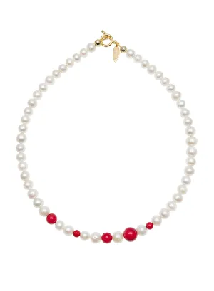 Round White Pearls and Red Coral Mixed Necklace JN002