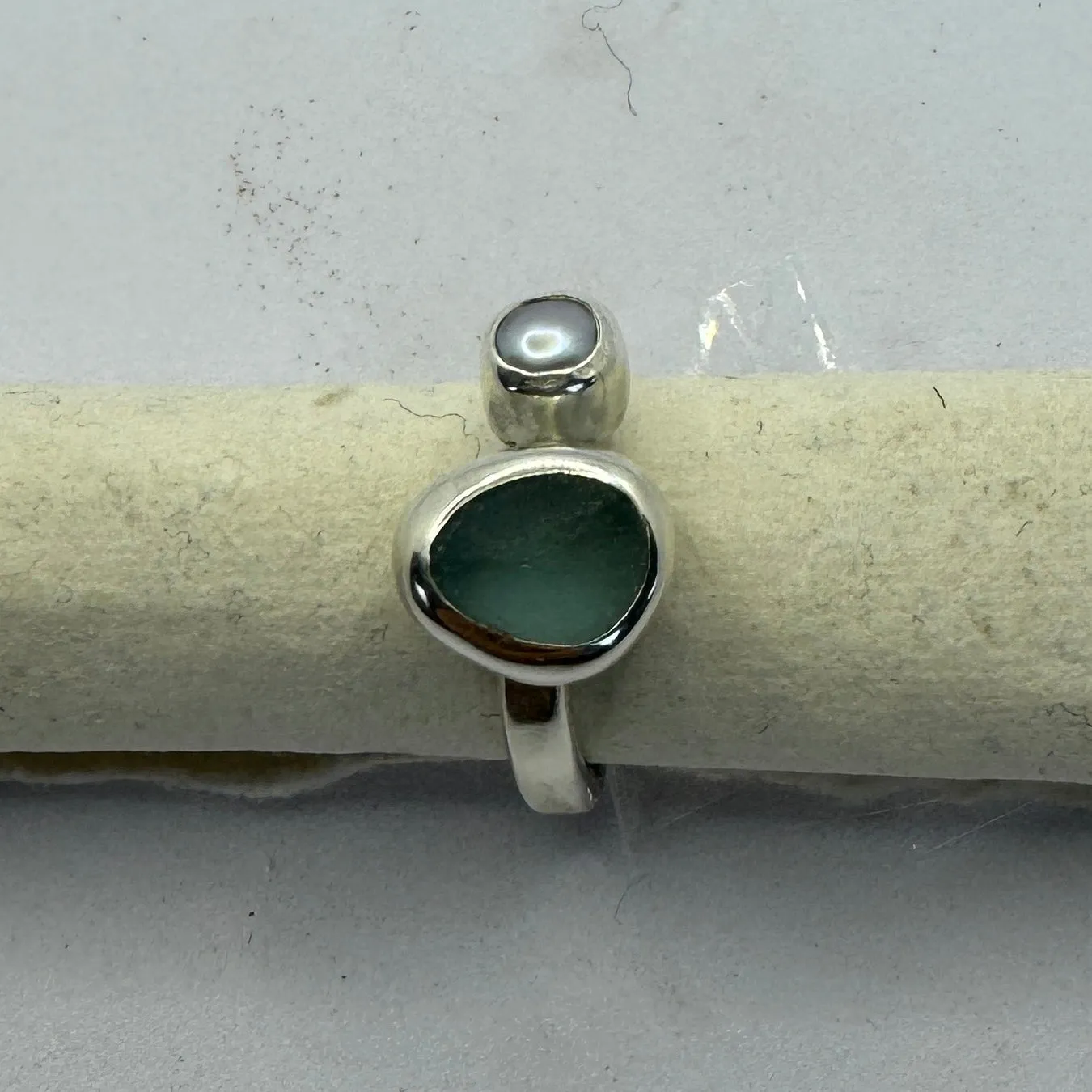 Seaglass and pearl ring