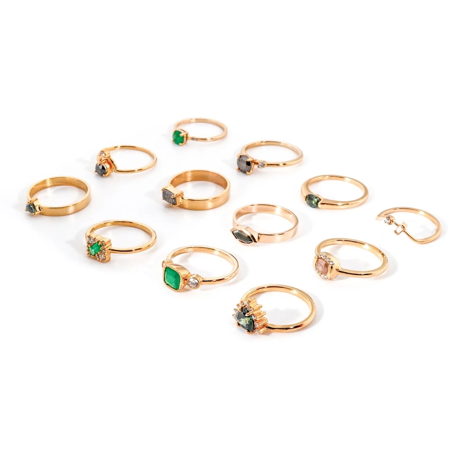 Square Cluster Ring with Emerald Baguette (0.26 ct) and Diamonds, Solid 14k Gold | ONE-OF-A-KIND