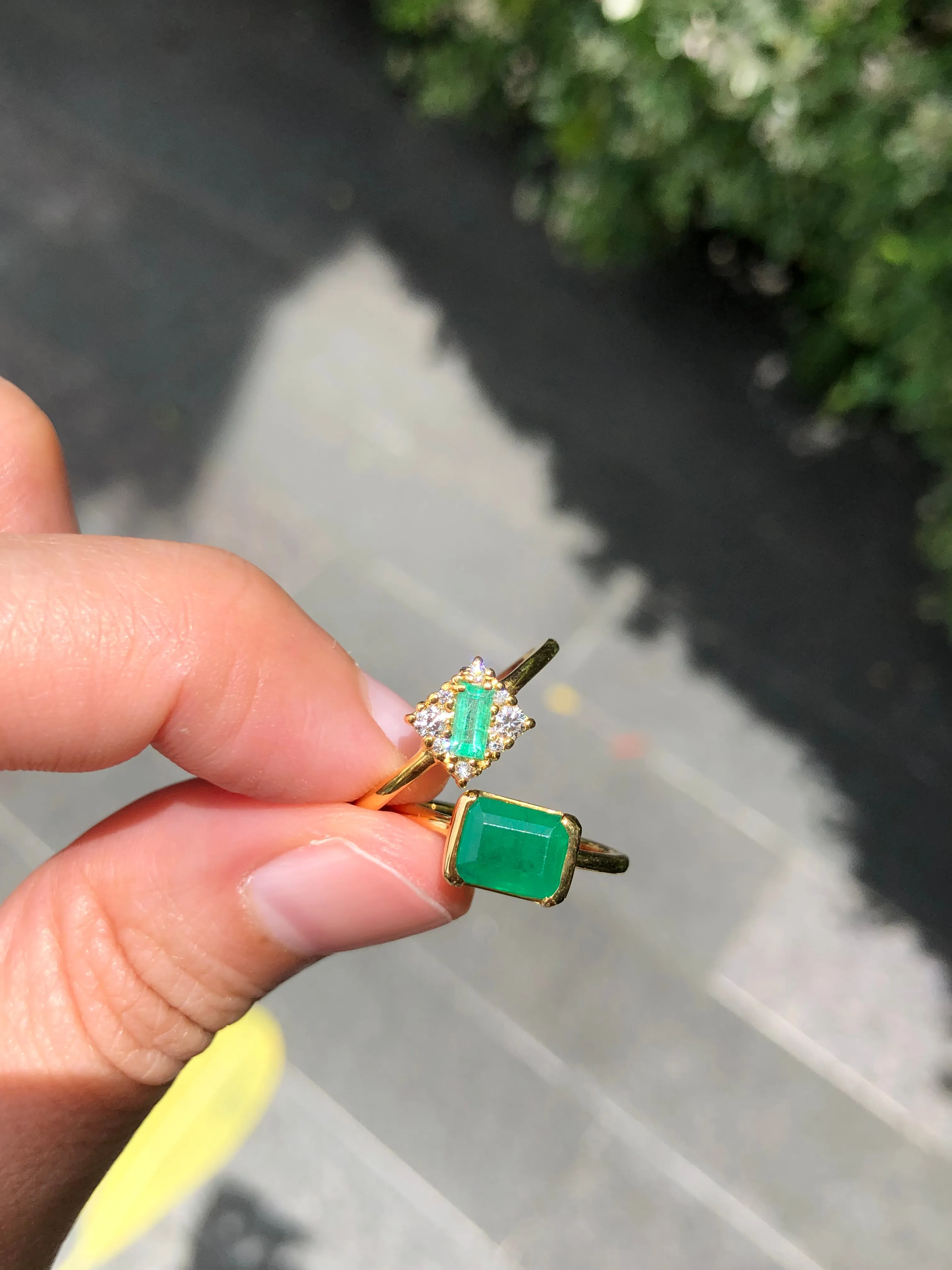 Square Cluster Ring with Emerald Baguette (0.26 ct) and Diamonds, Solid 14k Gold | ONE-OF-A-KIND