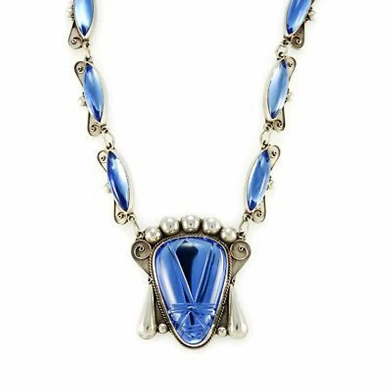 Stunning Vintage Sterling & Cobalt Taxco Signed Necklace 4 Pc Set 1940S Huge Heads