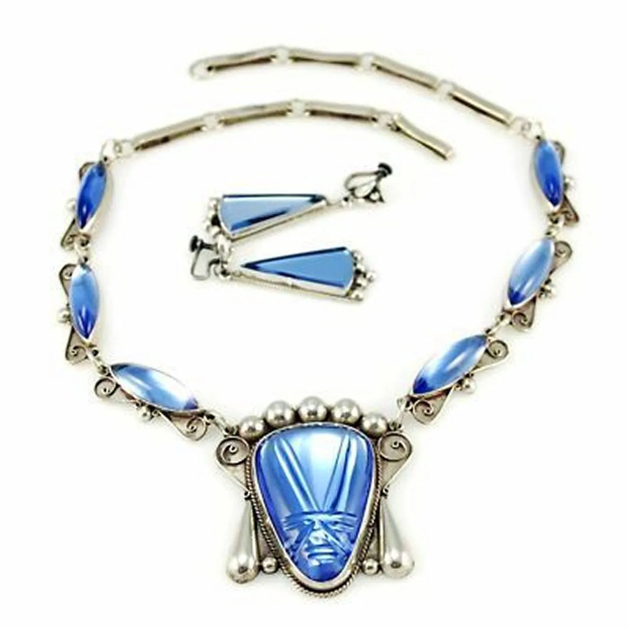 Stunning Vintage Sterling & Cobalt Taxco Signed Necklace 4 Pc Set 1940S Huge Heads