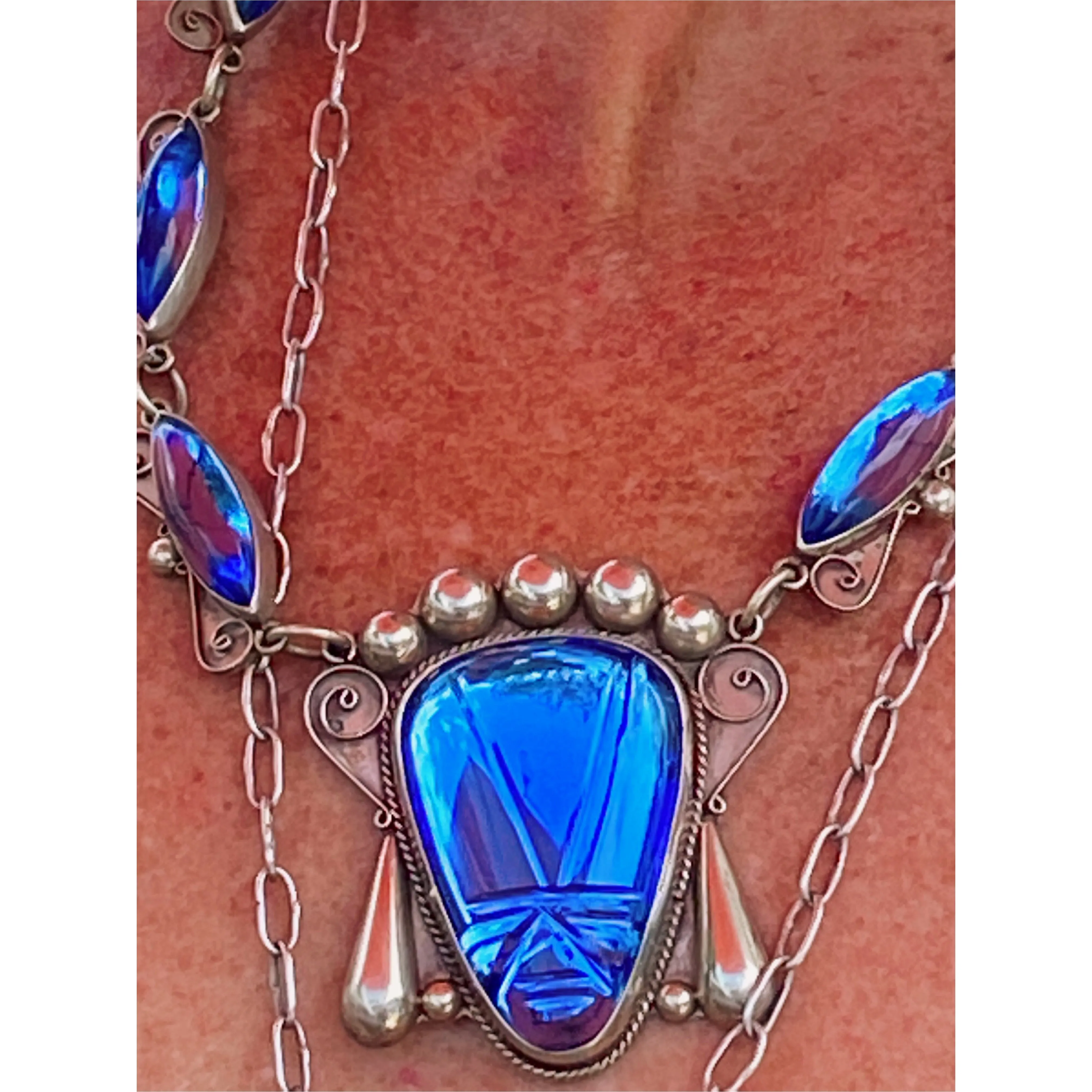 Stunning Vintage Sterling & Cobalt Taxco Signed Necklace 4 Pc Set 1940S Huge Heads