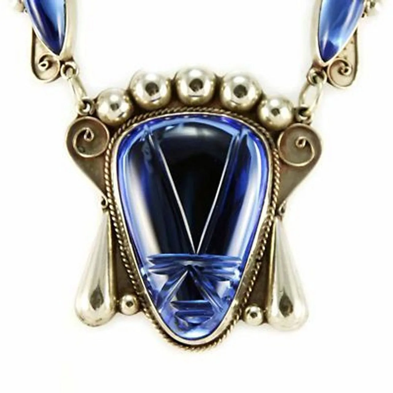 Stunning Vintage Sterling & Cobalt Taxco Signed Necklace 4 Pc Set 1940S Huge Heads