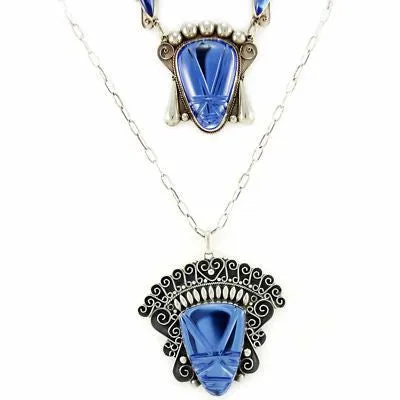 Stunning Vintage Sterling & Cobalt Taxco Signed Necklace 4 Pc Set 1940S Huge Heads