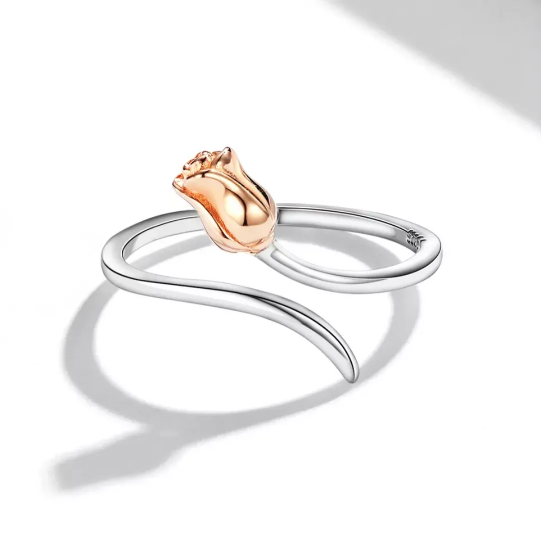 Two Tone Rose Wrap Bypass Ring Sterling Silver